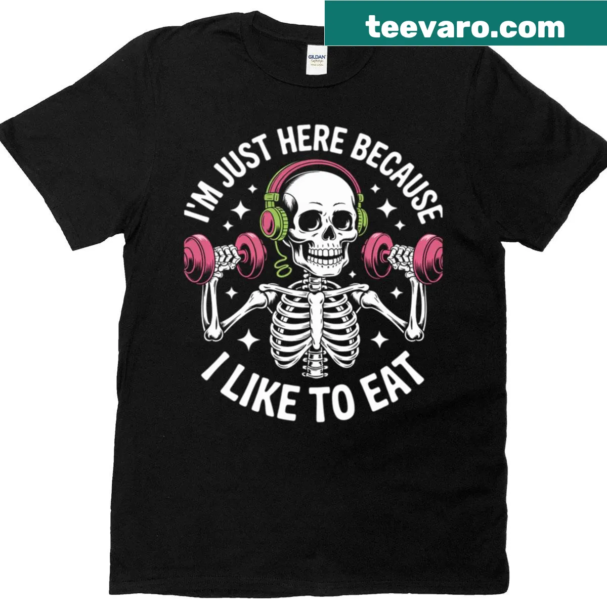 Gym shirt with humorous text about eating and fitness — on a men's t-shirt