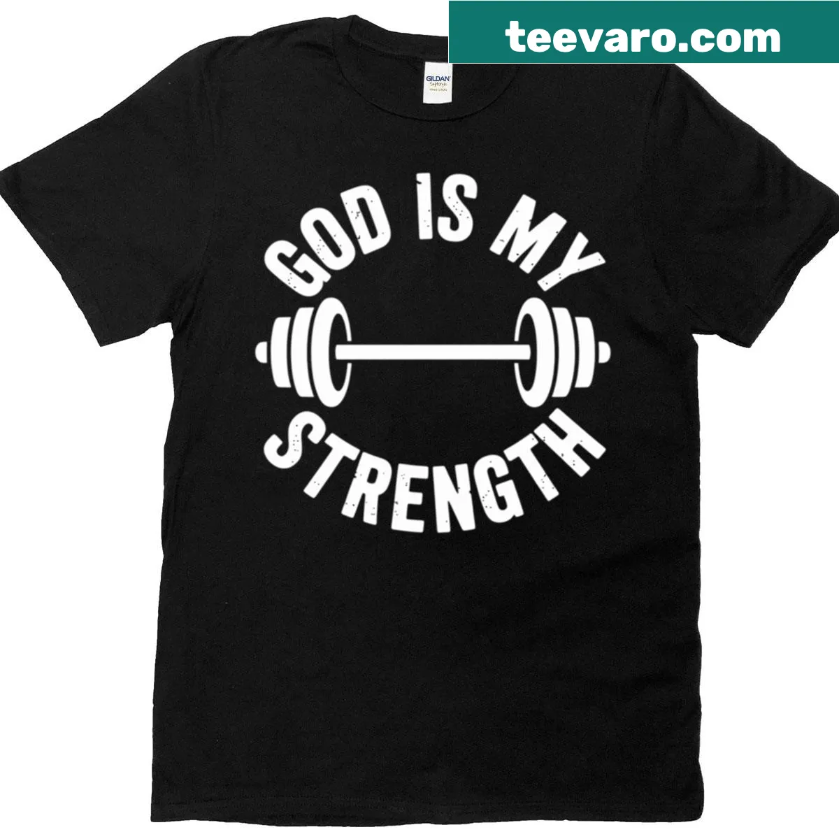 Inspirational T-shirt proclaiming 'Gym God Is My Strength' for fitness enthusiasts — on a men's t-shirt
