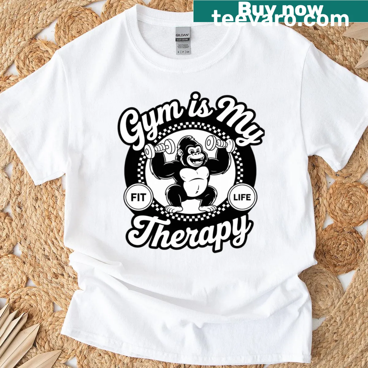 Motivational T-shirt with a gorilla graphic and the quote 'Gym Is My Therapy' — on a men's t-shirt