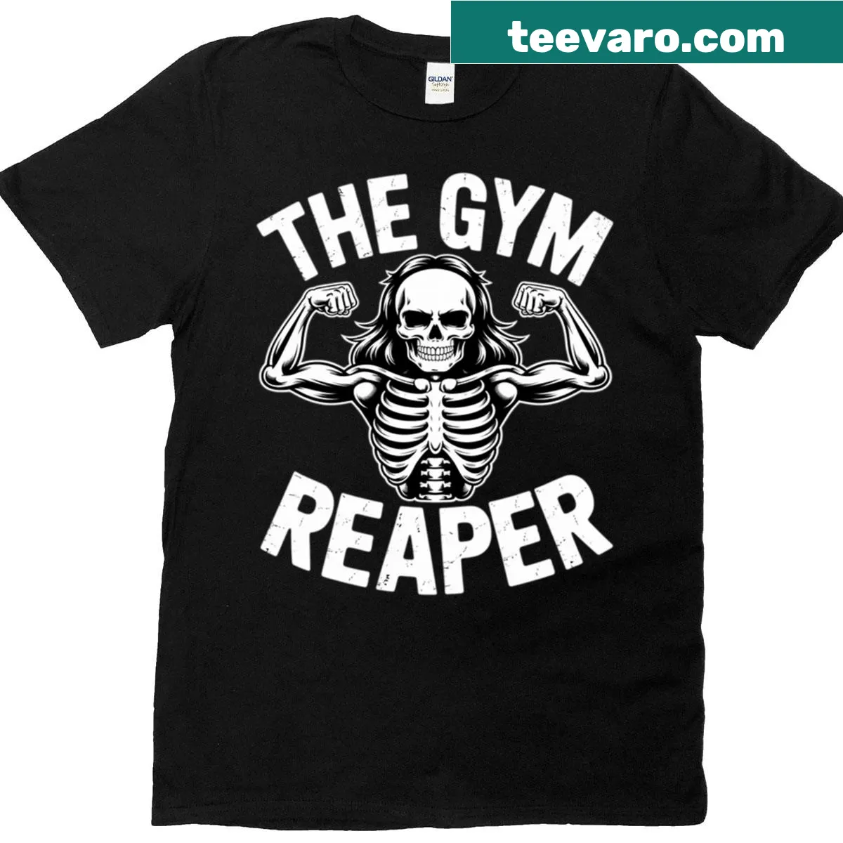 T-shirt with a skeleton lifting weights for Halloween gym-goers — on a men's t-shirt