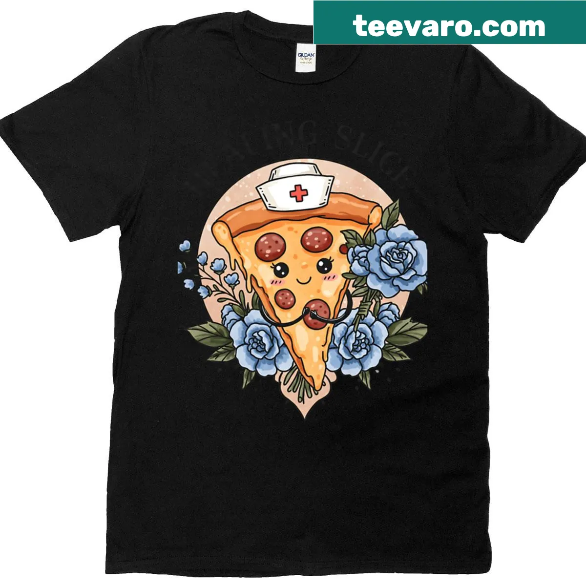 Cute T-shirt featuring a kawaii pizza with a stethoscope for nurses — on a men's t-shirt