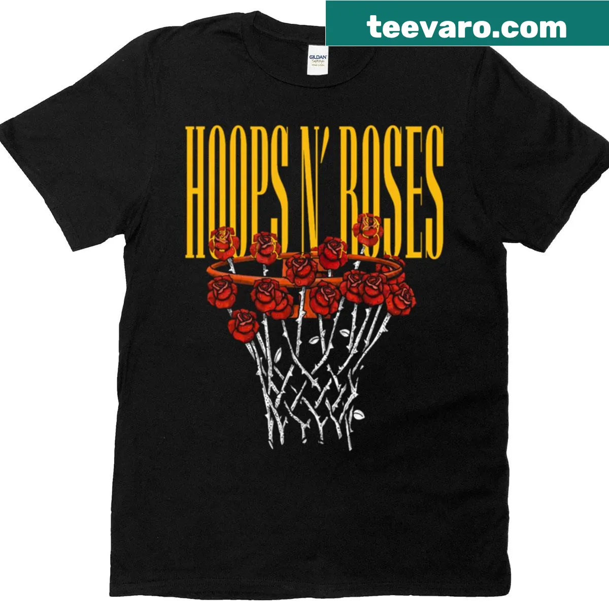 Basketball-themed T-shirt with 'Hoops N' Roses' design — on a men's t-shirt