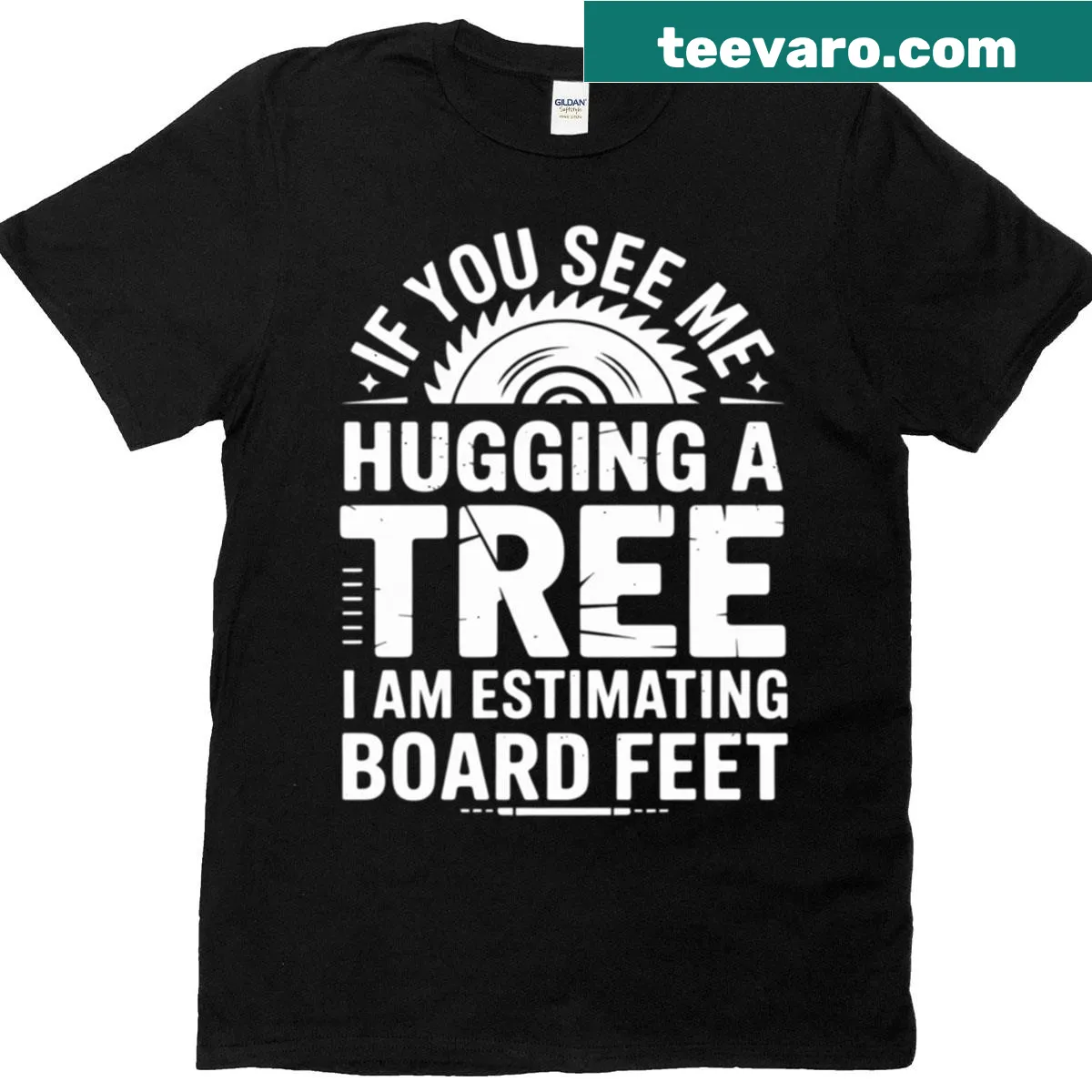 Lumberjack t-shirt featuring a whimsical illustration of hugging a tree — on a men's t-shirt