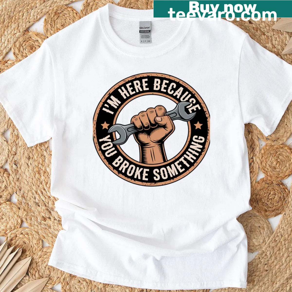 Humorous mechanic t-shirt with repair-related text — on a men's t-shirt