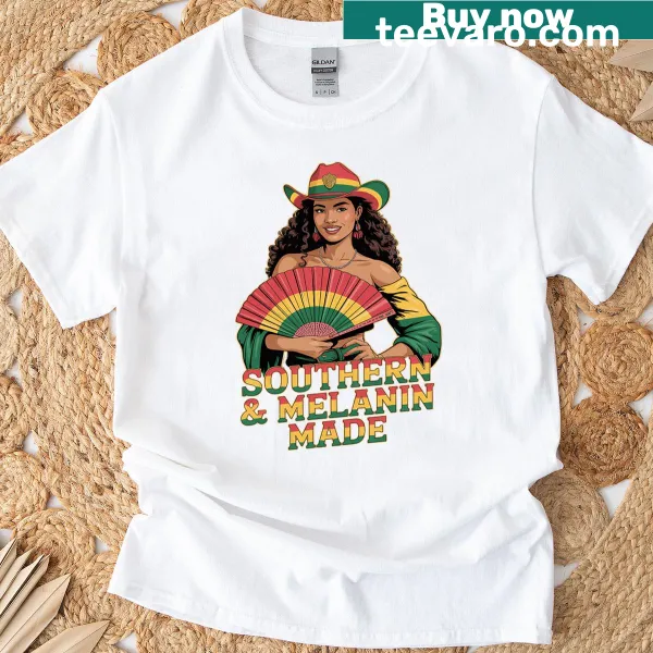 T-shirt with 'Juneteenth Women Southern Melanin Made Boots' text.