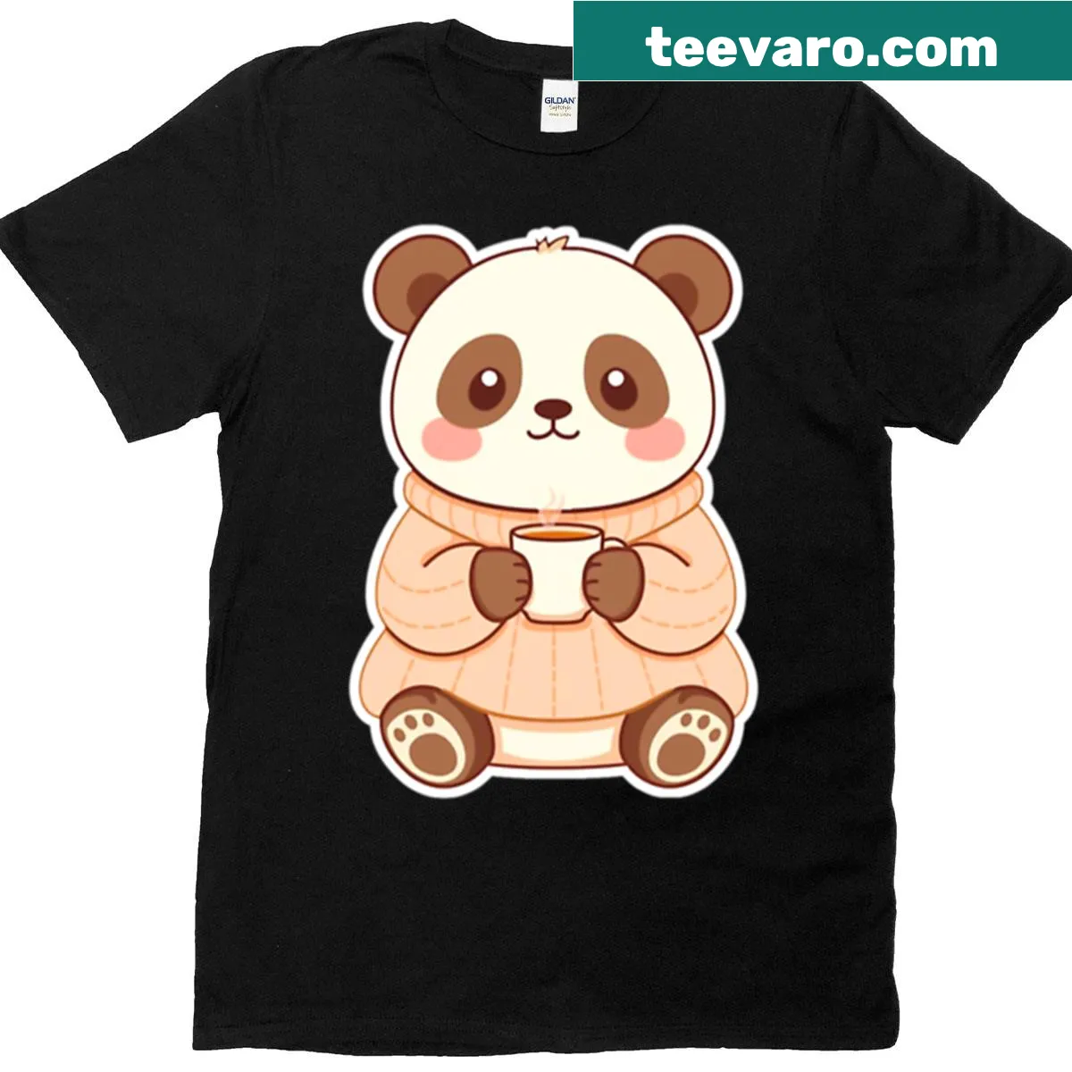 Cute t-shirt with Kawaii Cozy Panda enjoying a tea break illustration — on a men's t-shirt
