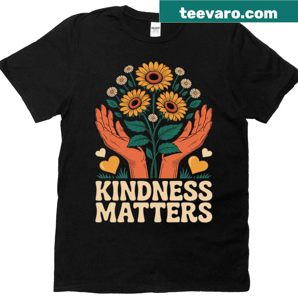 T-shirt promoting kindness with hands and flowers design for positive messaging. — on a men's t-shirt