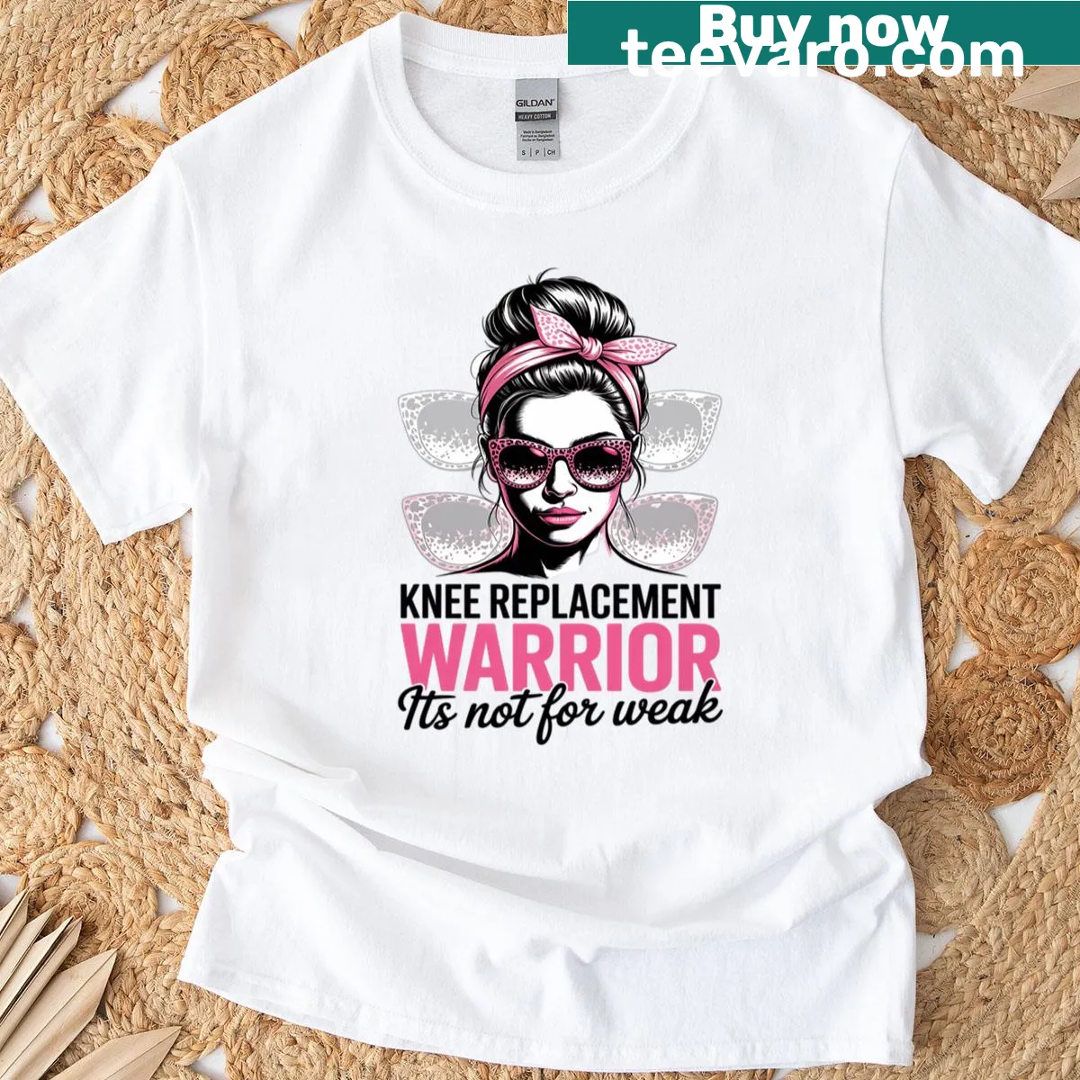 Empowering T-shirt featuring a messy bun and 'Knee Replacement Warrior' text. — on a men's t-shirt