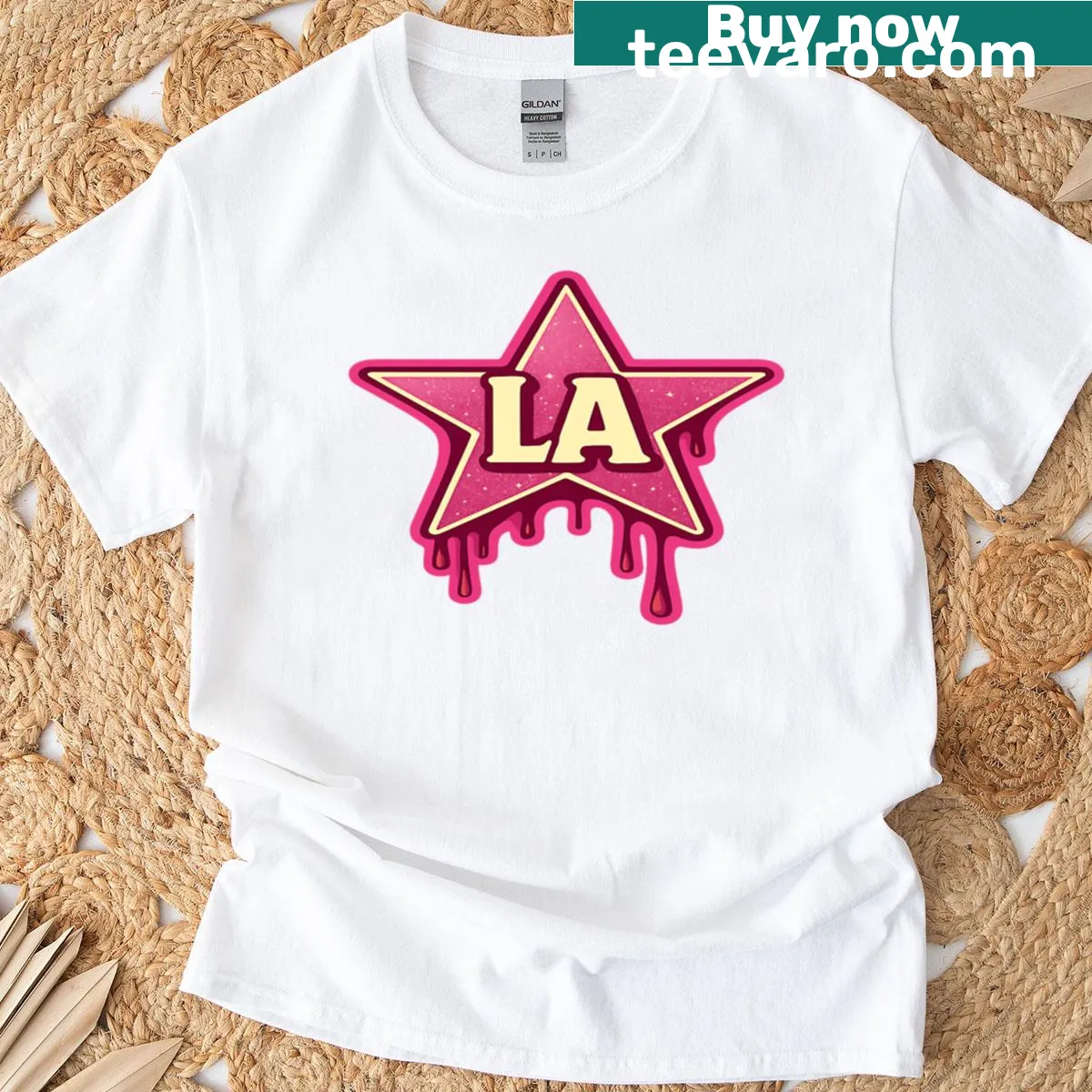 Melting Hollywood star graphic with glitter drip design — on a men's t-shirt