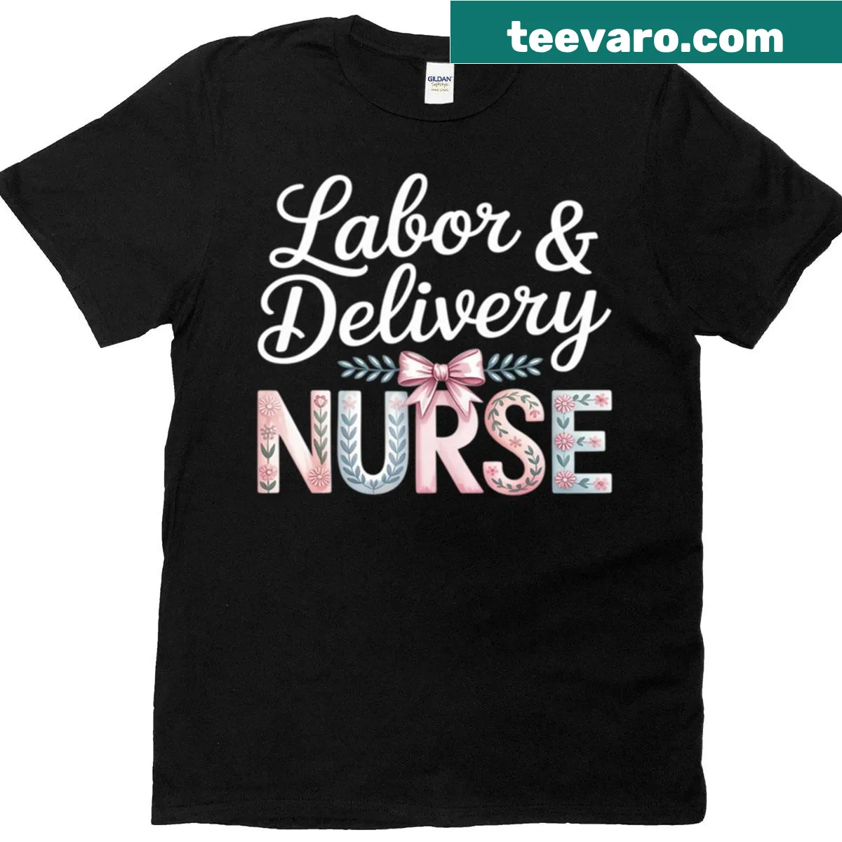 Charming nurse-themed shirt with bow and baby graphics — on a men's t-shirt