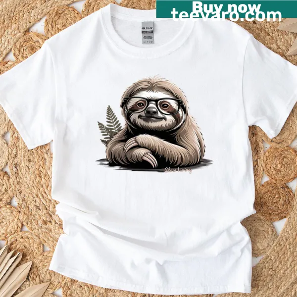 Cartoon T-shirt featuring a sloth with round glasses