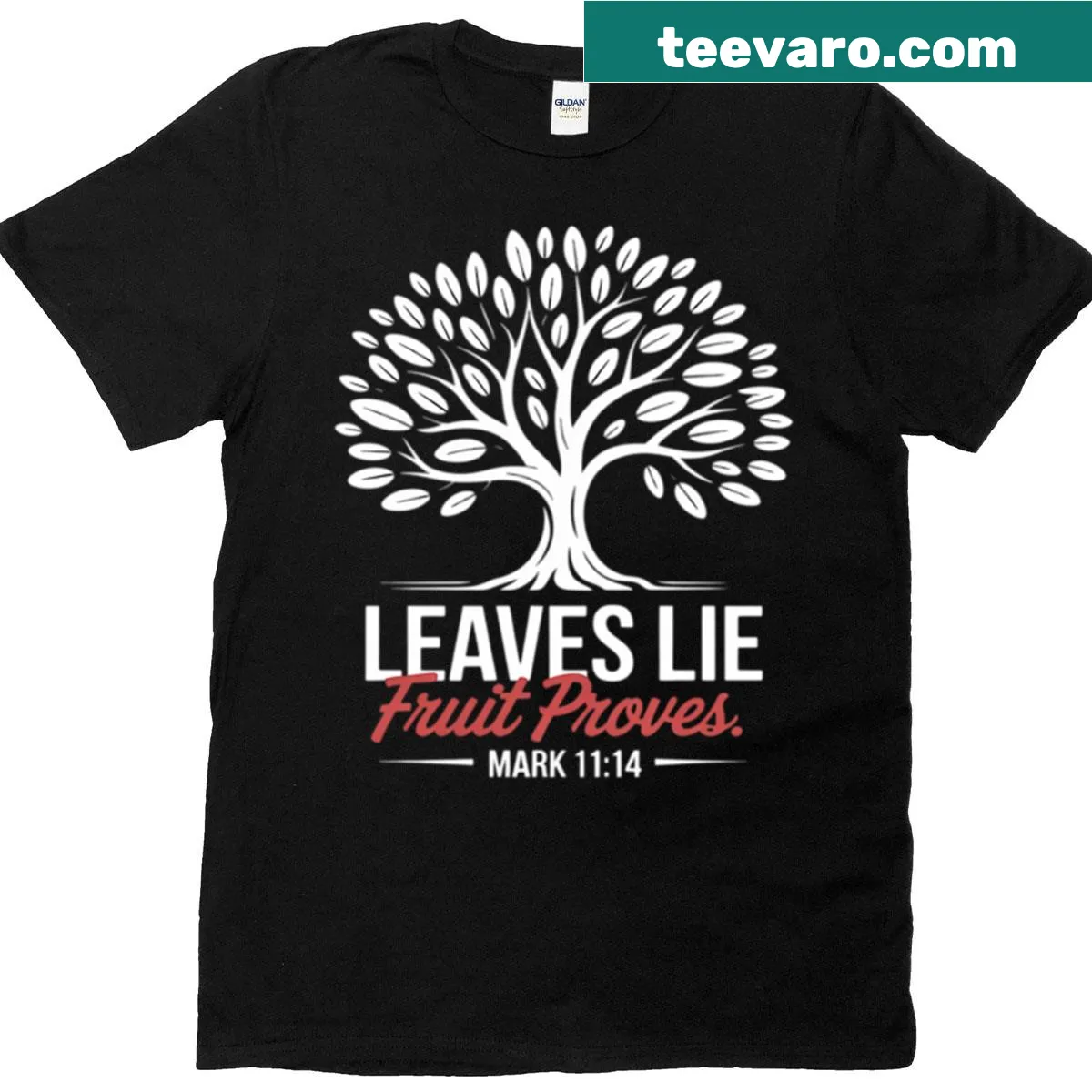 Typography T-shirt featuring biblical verse Mark 11:14 — on a men's t-shirt