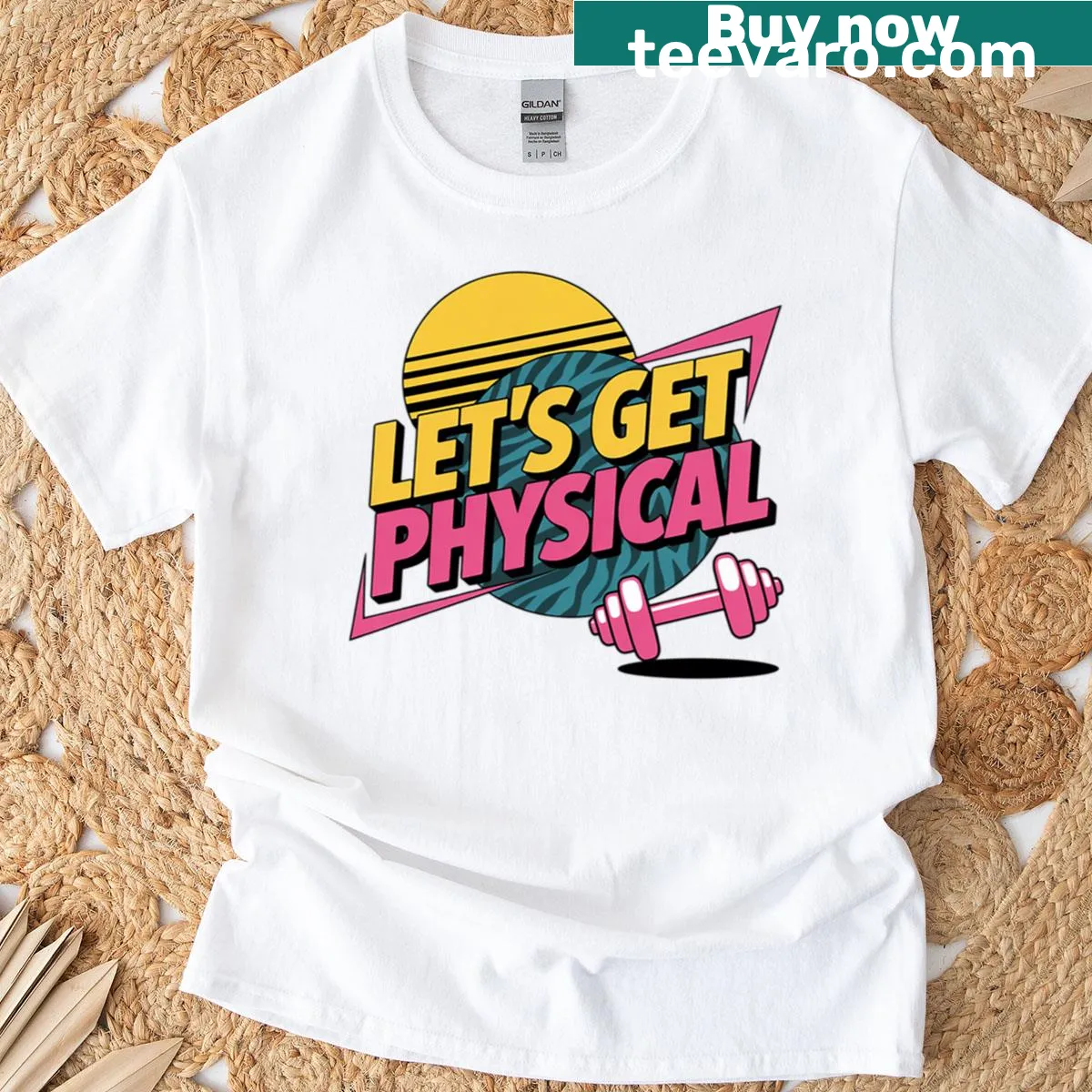 Retro gym fitness t-shirt with playful 80's inspired text — on a men's t-shirt