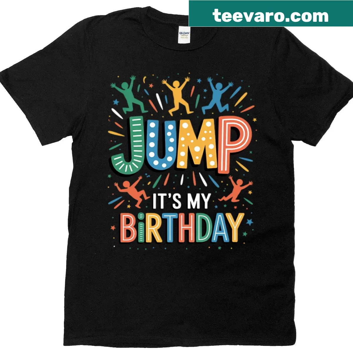 Birthday T-shirt with Let's Jump trampoline design — on a men's t-shirt
