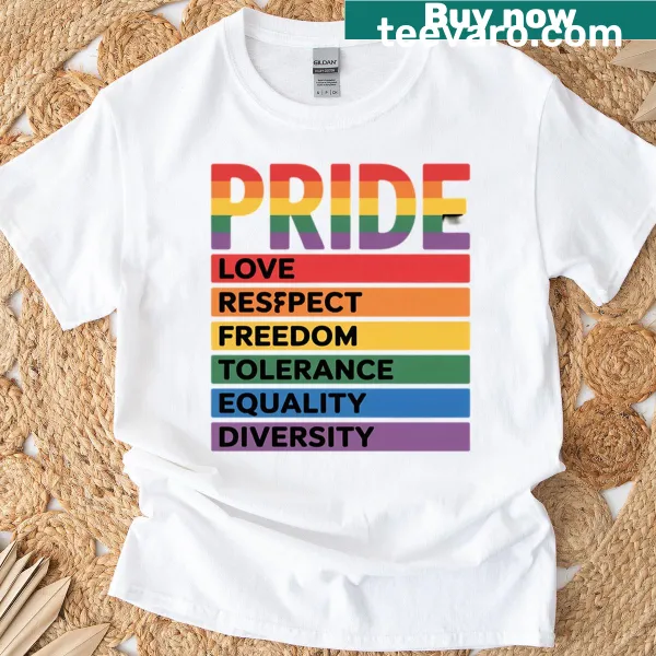 LGBT Pride t-shirt with 'Love Respect Equality Tolerance' text