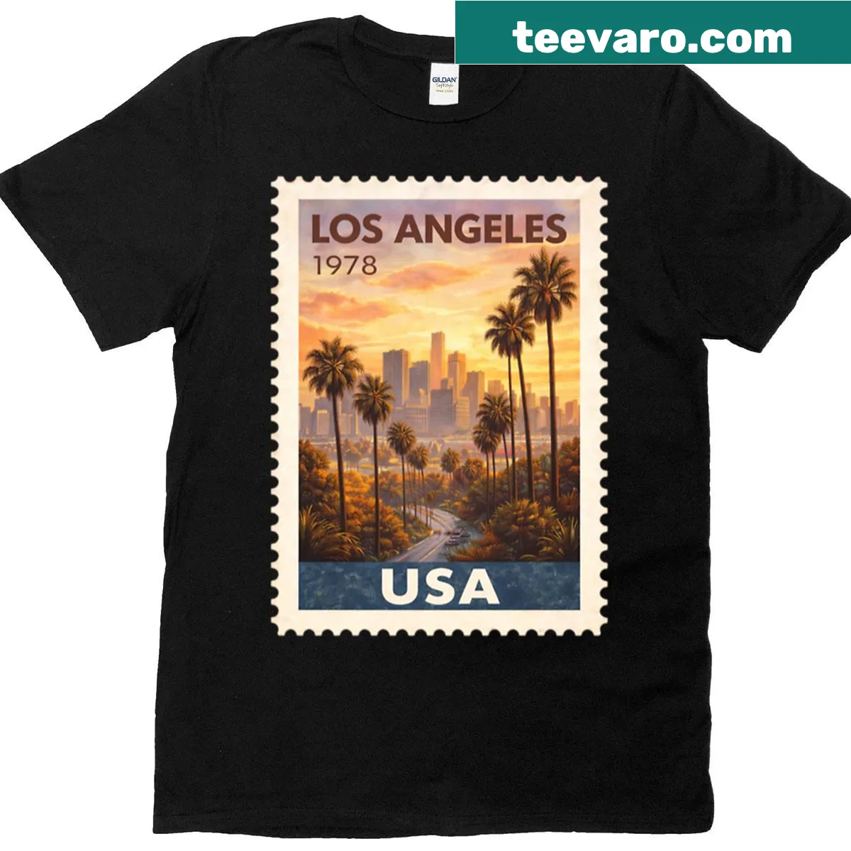 Vintage travel stamp design t-shirt inspired by Los Angeles — on a men's t-shirt