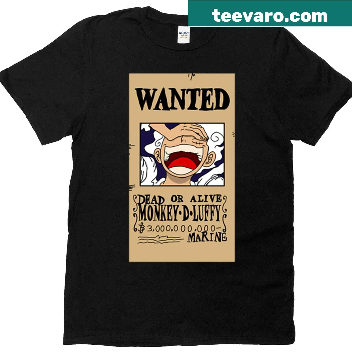 Luffy Wanted Poster inspired T-shirt with an illustration of Monkey D. Luffy — on a men's t-shirt
