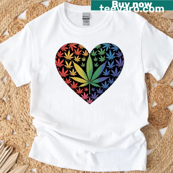 Heart-shaped weed leaf graphic with LGBT pride theme