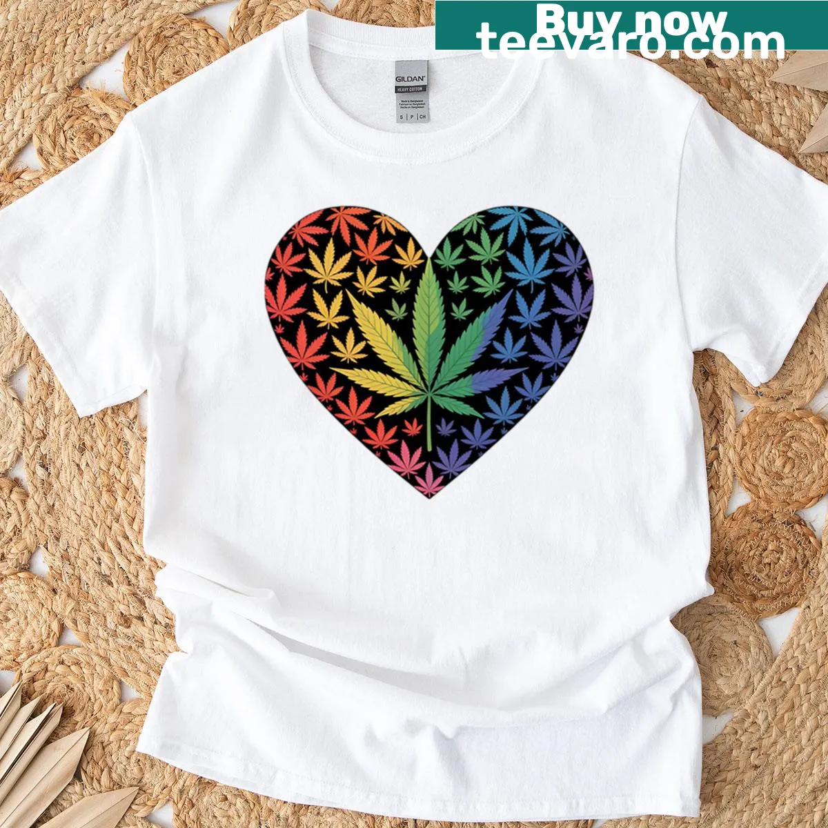 Heart-shaped weed leaf graphic with LGBT pride theme — on a men's t-shirt