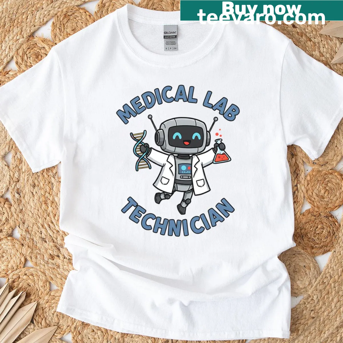Cute robot graphic for medical lab technicians T-shirt — on a men's t-shirt