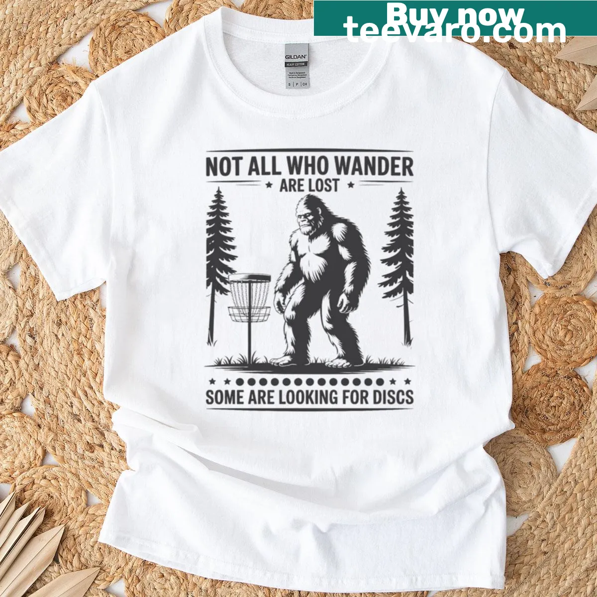 Bigfoot and disc golf graphic on a playful t-shirt — on a men's t-shirt