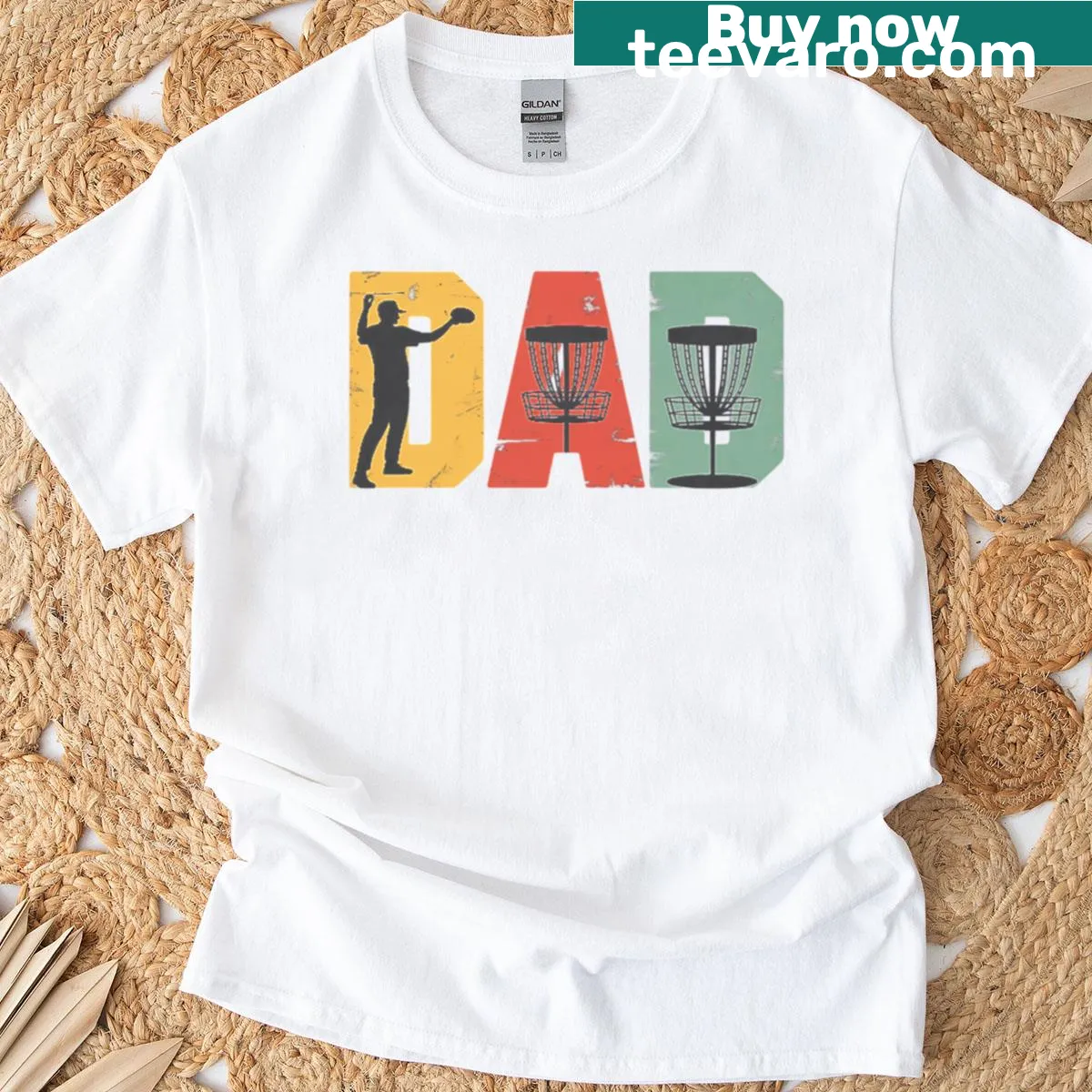 Disc golf themed Fathers Day T-shirt for dads — on a men's t-shirt