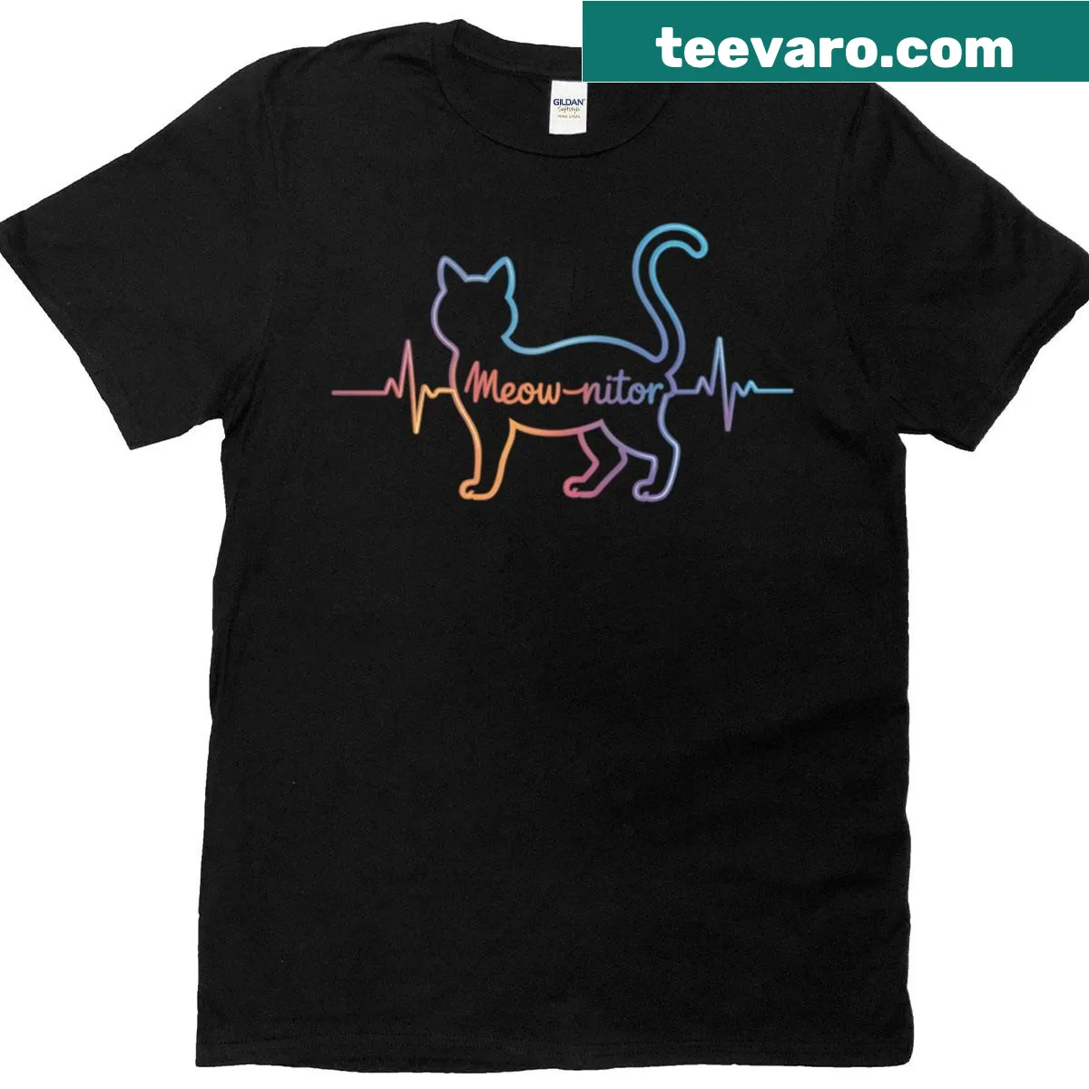 Cat heartbeat EKG graphic on a shirt with 'Meow-nitor' text — on a men's t-shirt