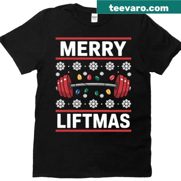 Funny Christmas-themed workout T-shirt with 'Merry Liftmas' text