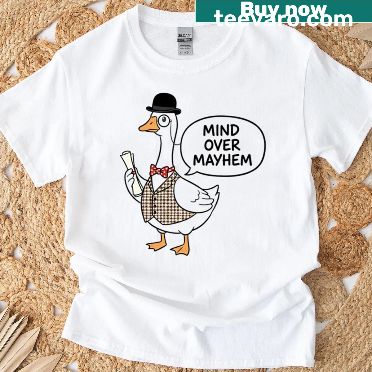 Cartoon goose graphic with 'Mind Over Mayhem' text on a T-shirt — on a men's t-shirt