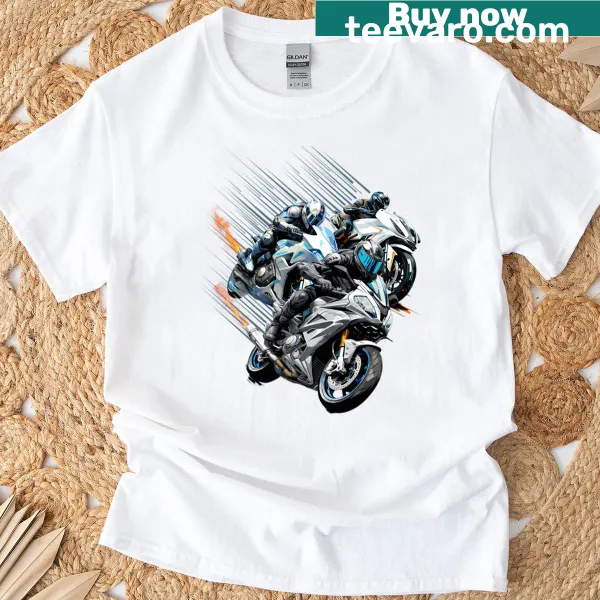 Stylish T-shirt featuring a modern motorcycle racing illustration.