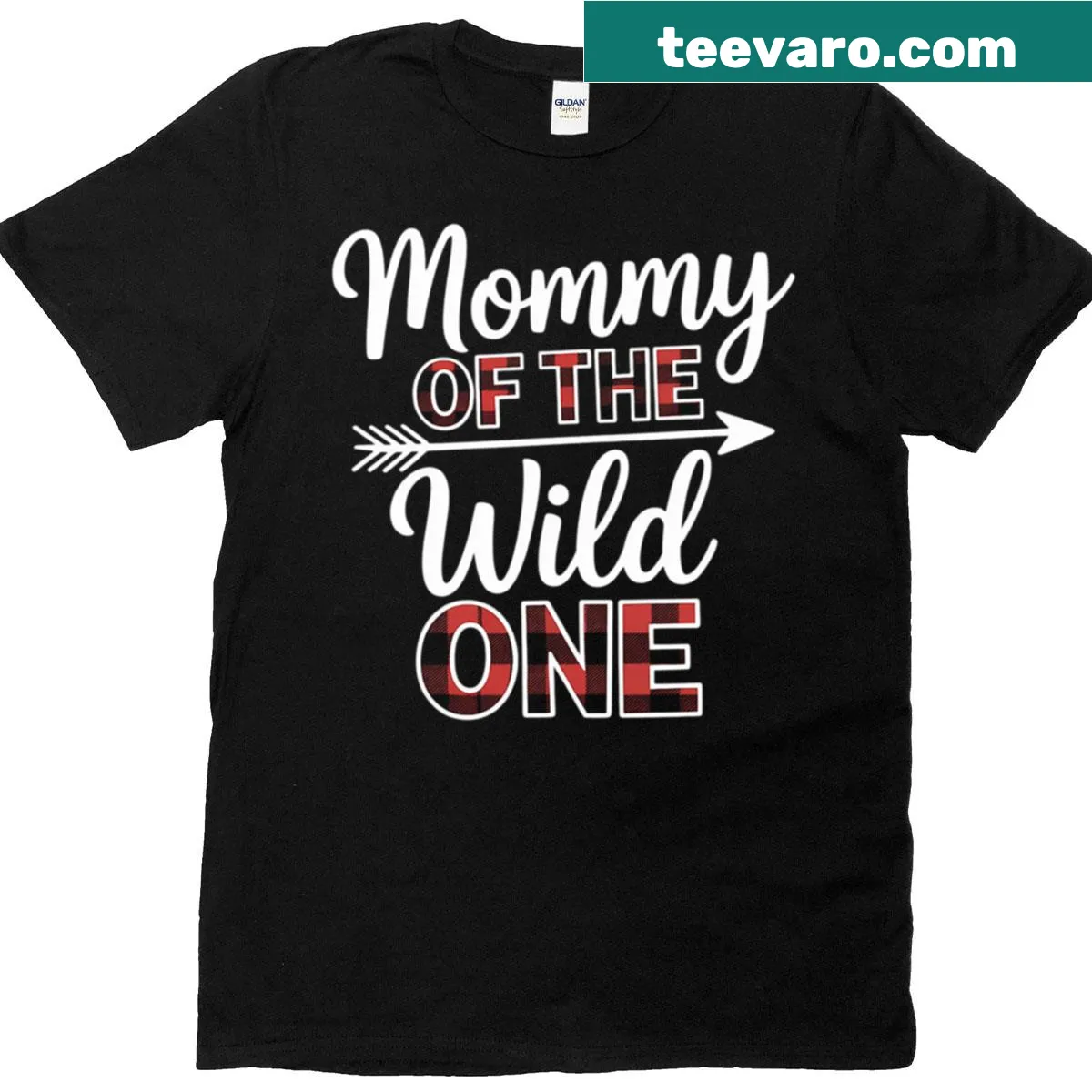 Cute 'Mommy Of The Wild One' cartoon t-shirt with buffalo plaid — on a men's t-shirt