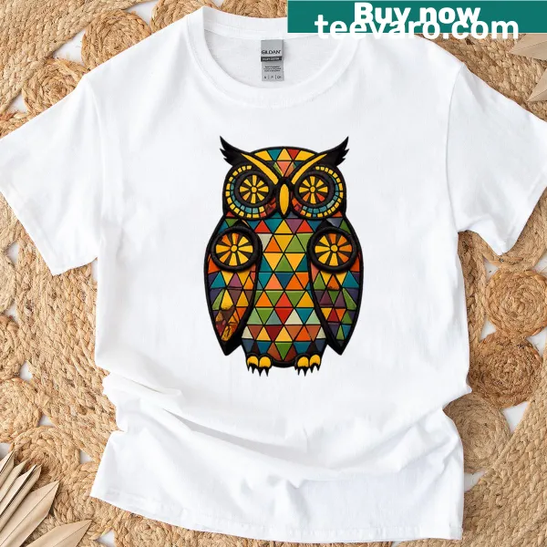 T-shirt featuring a mosaic owl design inspired by folk art