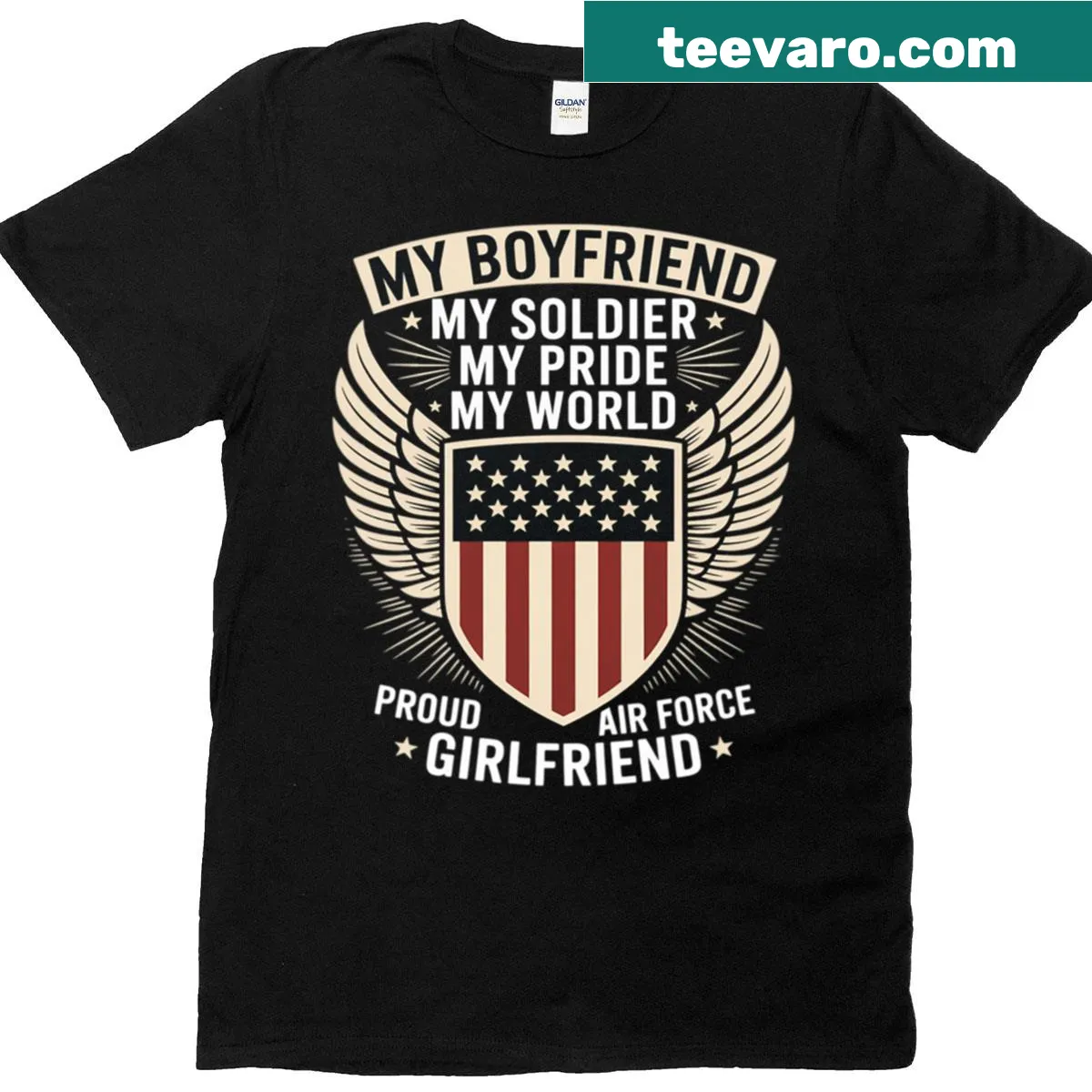 Proud Air Force girlfriend T-shirt with bold text about soldier boyfriend — on a men's t-shirt