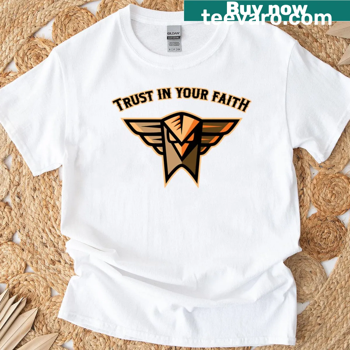Eagle totem design with 'Trust In Your Faith' text — on a men's t-shirt