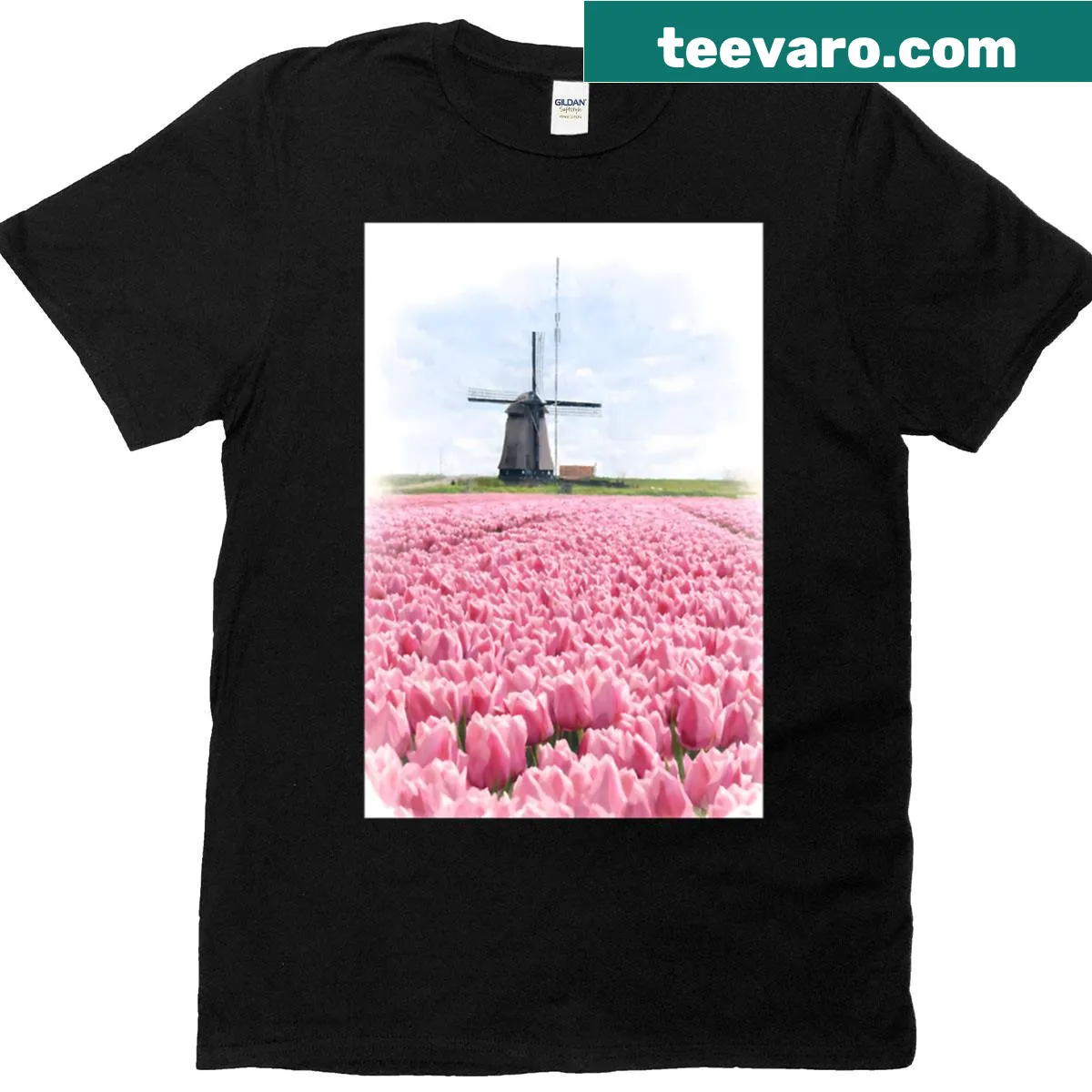 T-shirt featuring an illustration of Noordoostpolder tulip fields — on a men's t-shirt