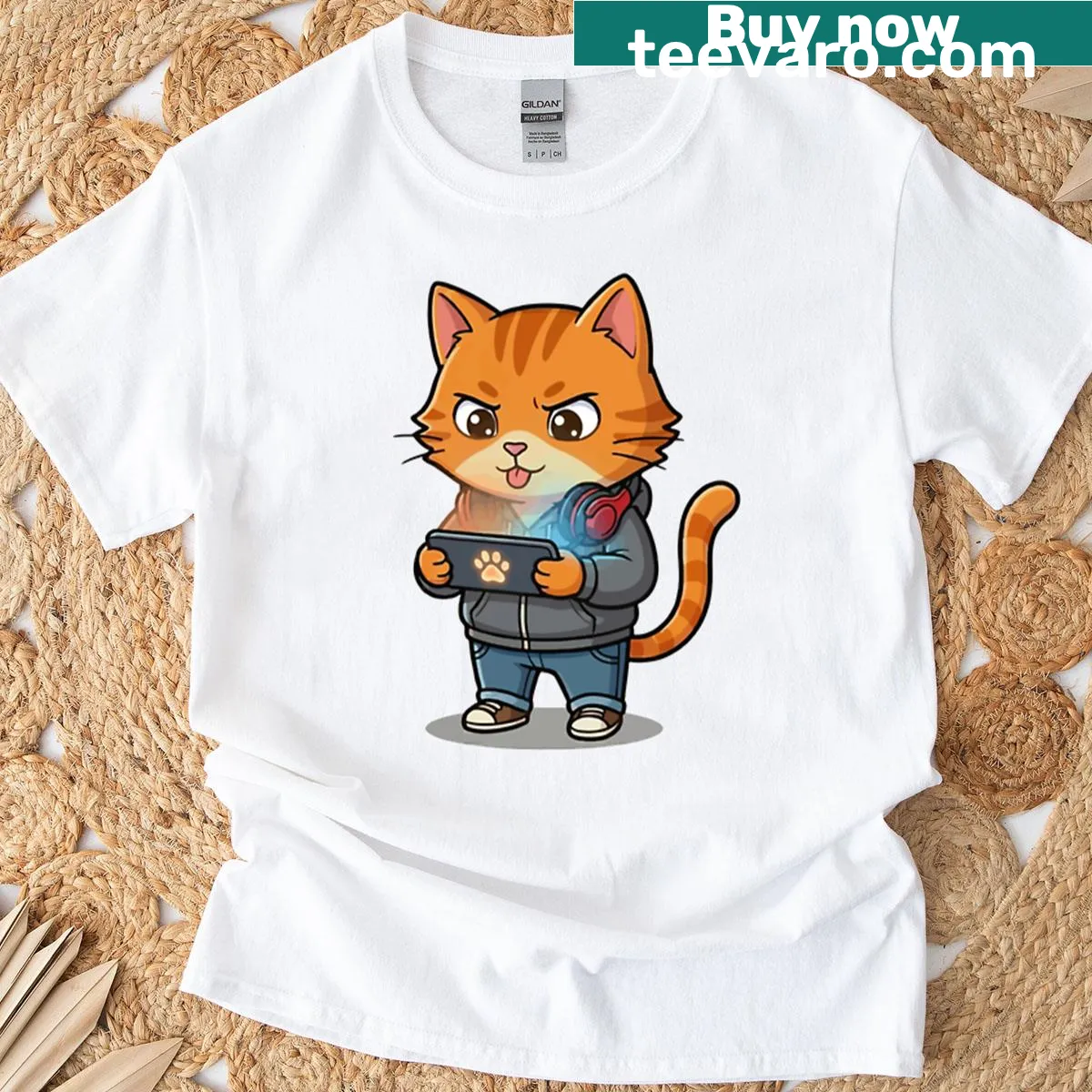 Orange cat gaming illustration on playful T-shirt — on a men's t-shirt