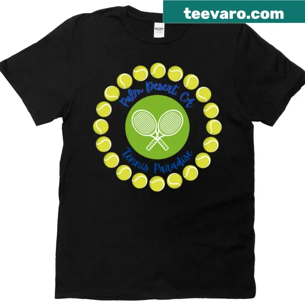 Watercolor design of Palm Desert tennis courts on a t-shirt