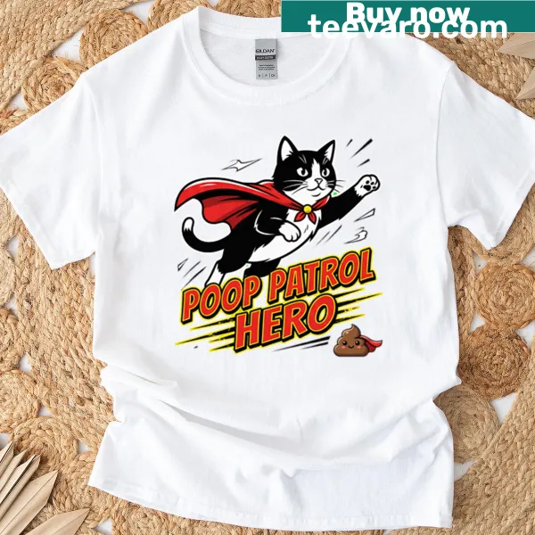 Funny superhero cat graphic on a casual T-shirt.