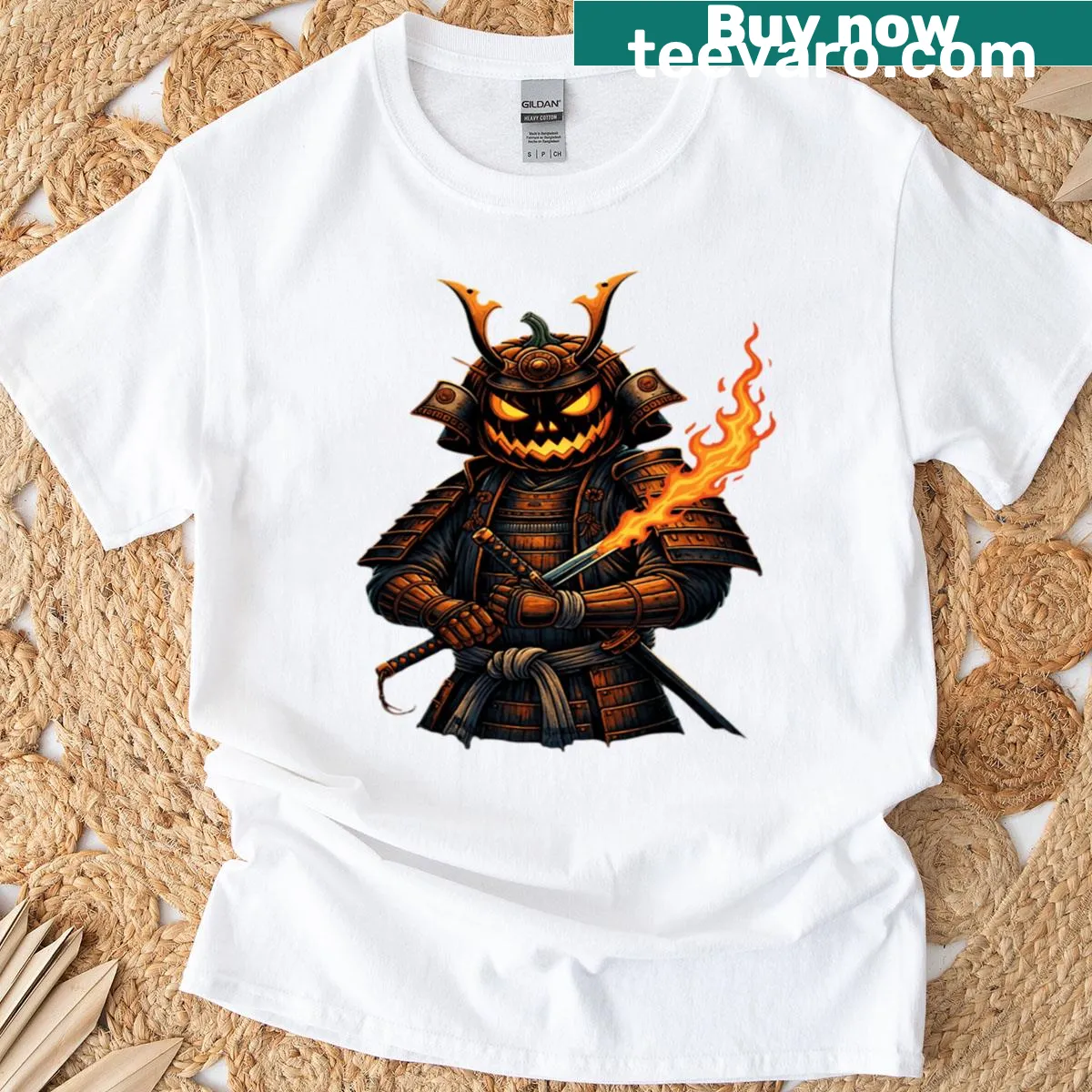 Dark fantasy Pumpkin Samurai t-shirt with intricate illustrations — on a men's t-shirt