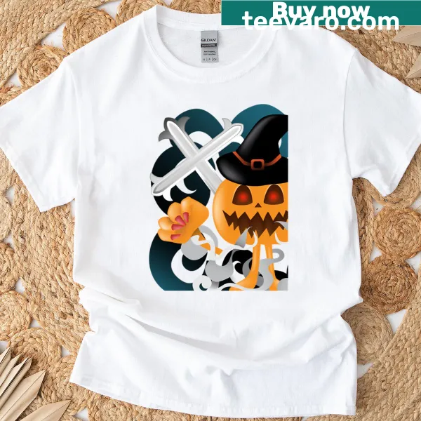Cartoon witch with pumpkins on a Halloween-themed t-shirt