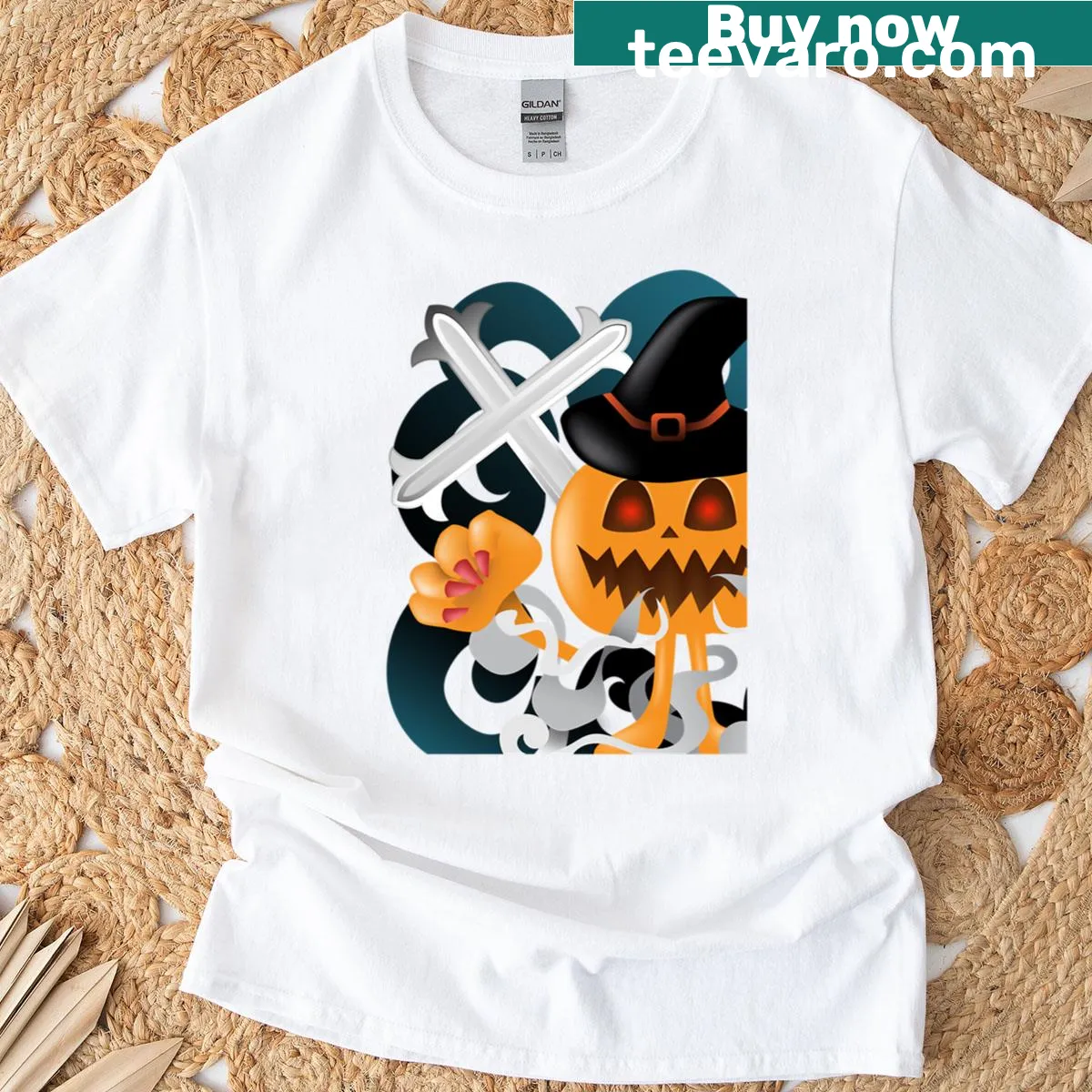 Cartoon witch with pumpkins on a Halloween-themed t-shirt — on a men's t-shirt
