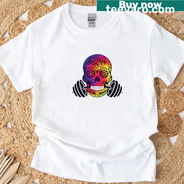 Fitness-themed t-shirt with a rainbow sugar skull design