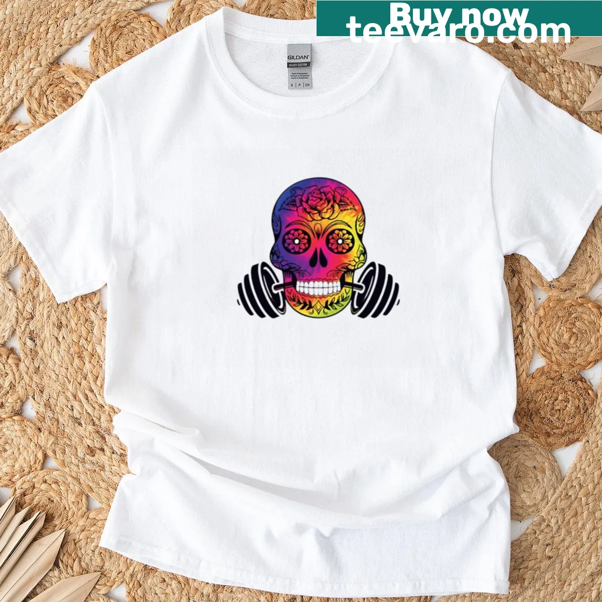 Fitness-themed t-shirt with a rainbow sugar skull design — on a men's t-shirt