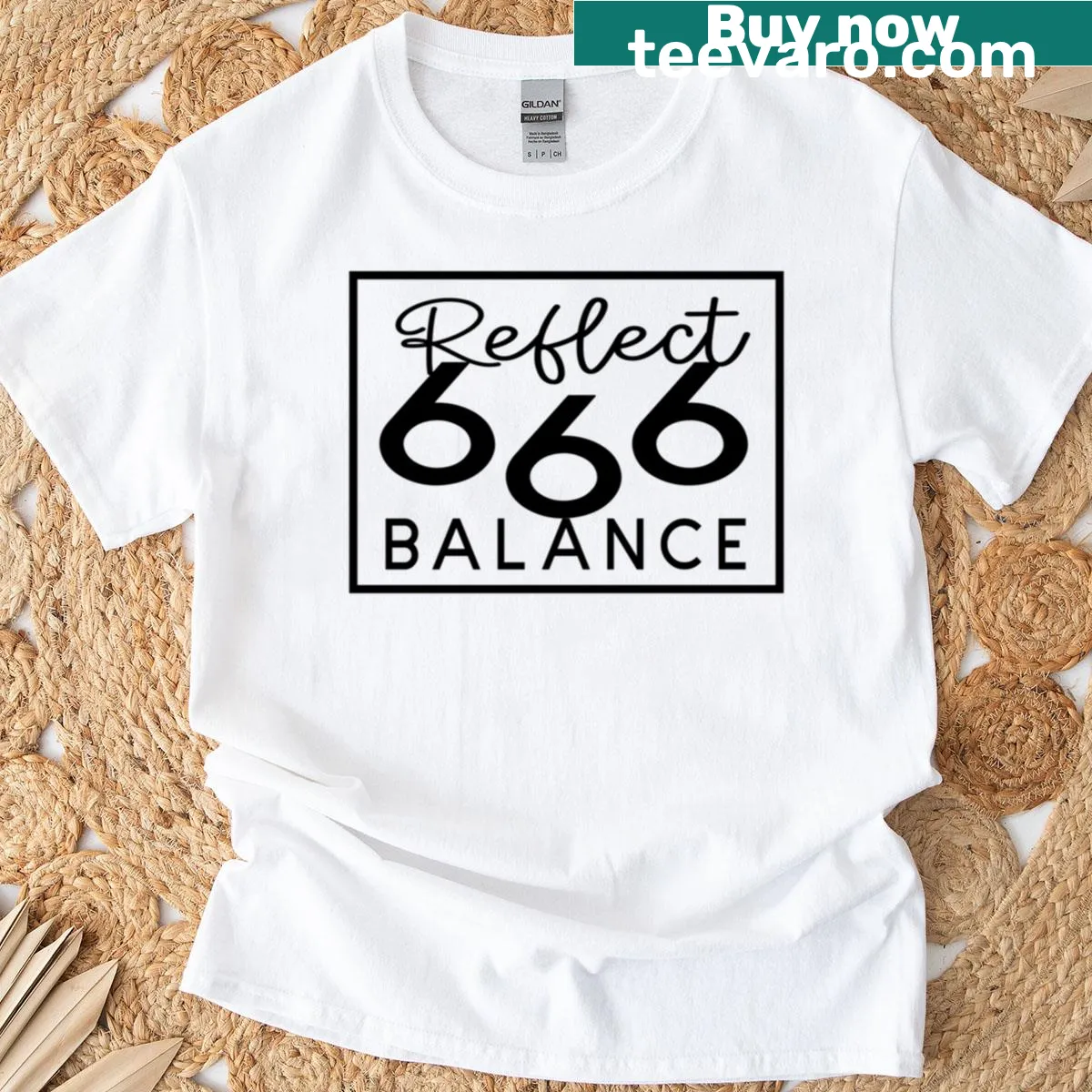 Graphic T-shirt with 'Reflect 666 Balance' text — on a men's t-shirt