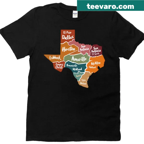 Vintage-style Texas map t-shirt showcasing iconic landmarks and features.