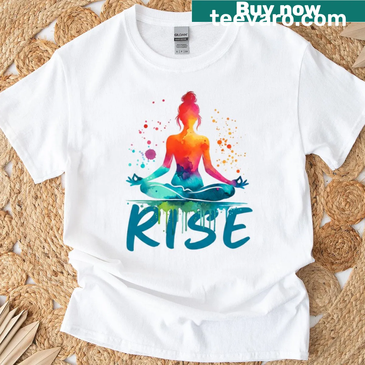 Colorful yoga silhouette on black T-shirt — on a men's t-shirt