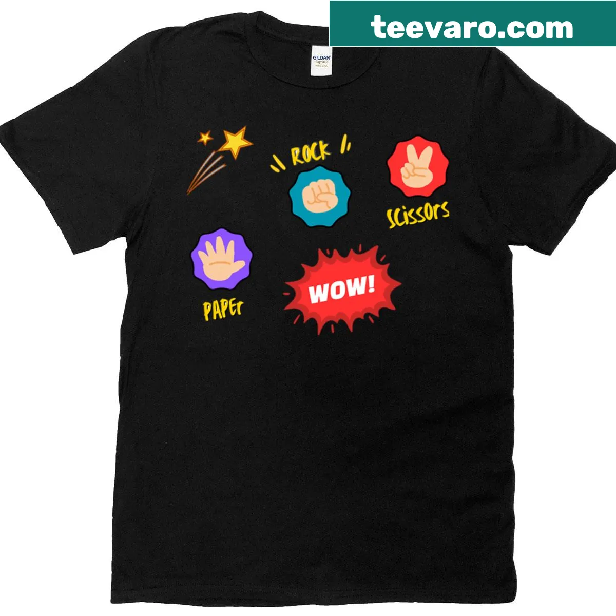 Cartoon illustration of rock paper scissors hands on T-shirt — on a men's t-shirt