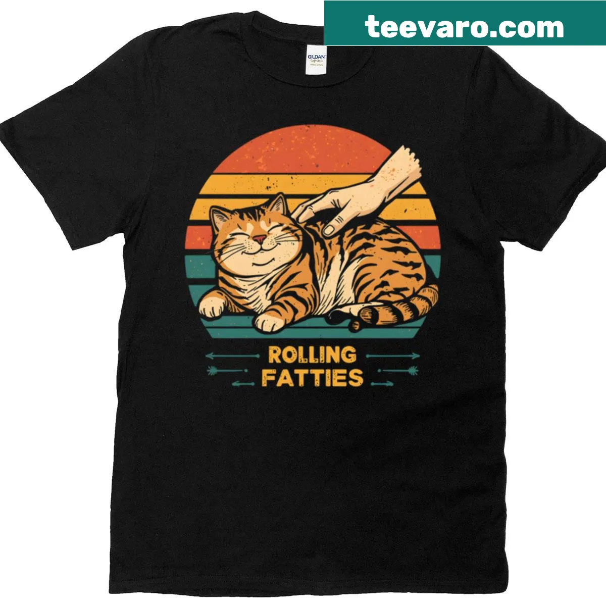 Funny cat quote T-shirt with 'Rolling Fatties' text — on a men's t-shirt