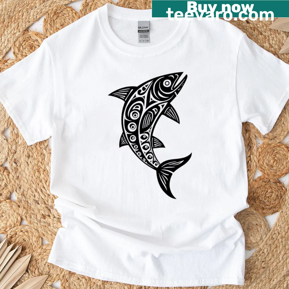 Totem salmon animal illustration on a T-shirt representing Pacific Northwest culture — on a men's t-shirt