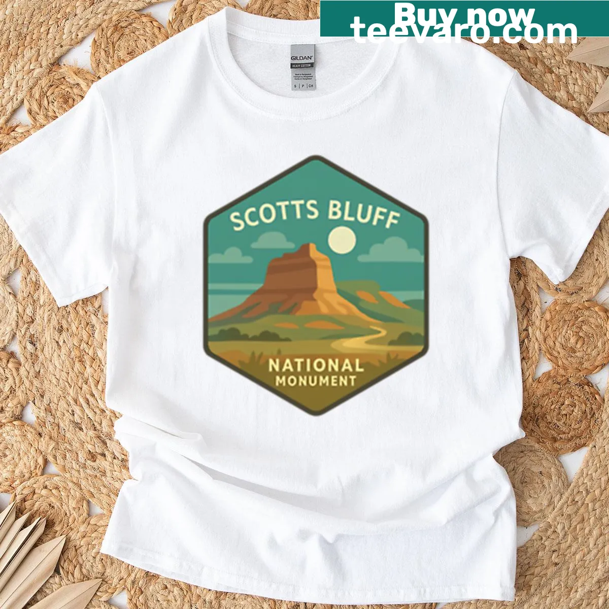 Illustrative graphic of Scotts Bluff National Monument on a T-shirt — on a men's t-shirt